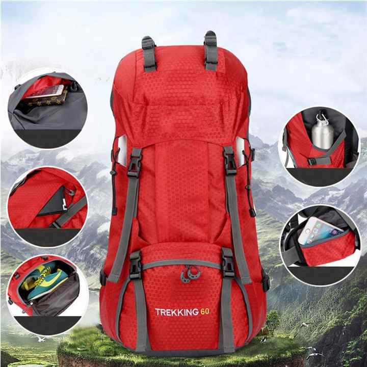 Red 60L Waterproof Hiking Backpack with Multi-Pocket Design for Outdoor Adventures