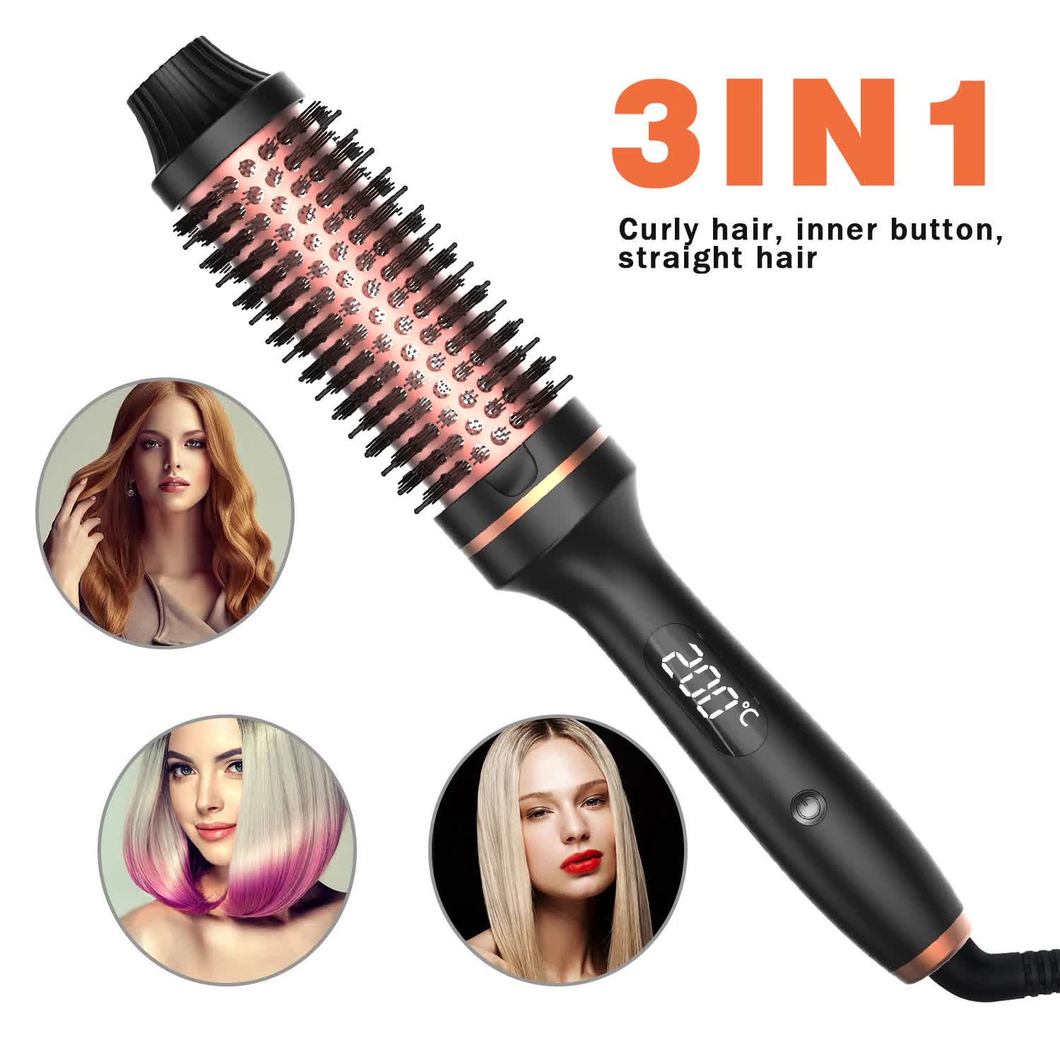 3-in-1 Hair Styling Round Brush with Curling, Straightening & Drying Functions, LCD Display, 10 Temperature Settings