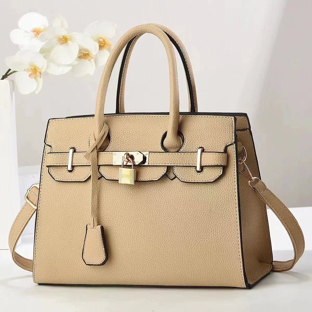 Khaki Elegant PU Leather Handbag with Lock Decoration - Structured Tote Bag for Women