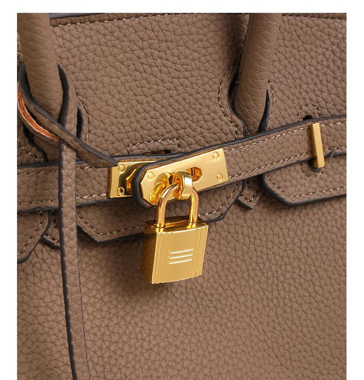 Khaki Elegant PU Leather Handbag with Lock Decoration - Structured Tote Bag for Women