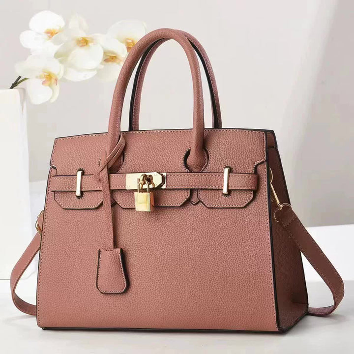 Pink Elegant PU Leather Handbag with Lock Decoration - Structured Tote Bag for Women