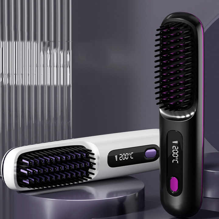 Black Wireless Hair Straightening Brush - Compact and Rechargeable Styling Tool