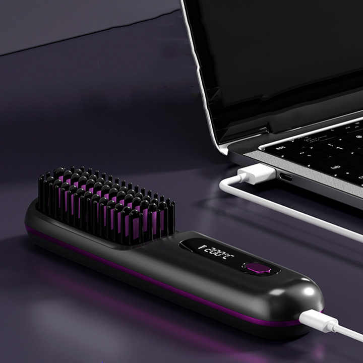 Black Wireless Hair Straightening Brush - Compact and Rechargeable Styling Tool