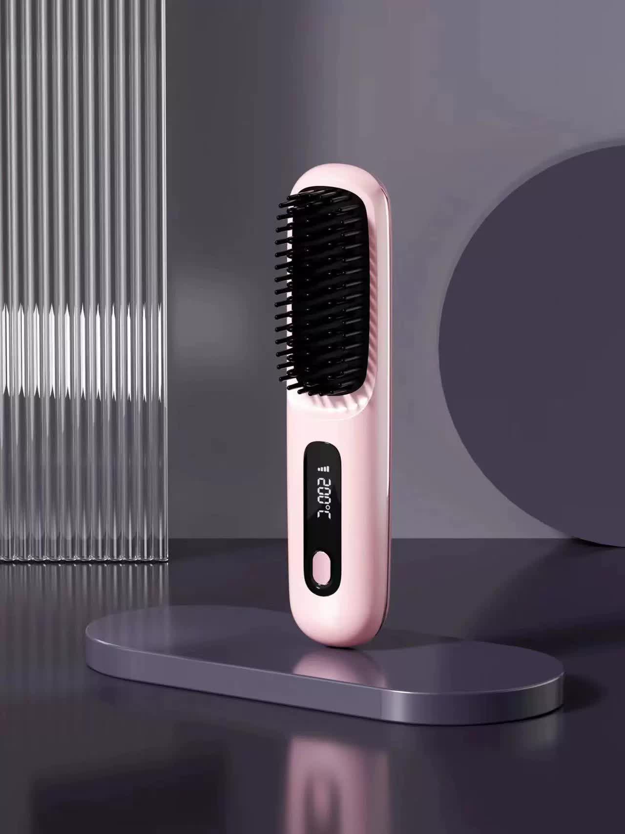 Pink Wireless Hair Straightening Brush - Compact and Rechargeable Styling Tool