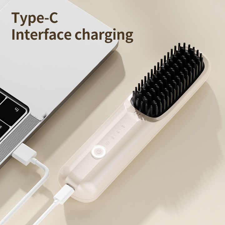 Pink Rechargeable Wireless Hair Straightening Brush - Sleek and Portable Styling Tool