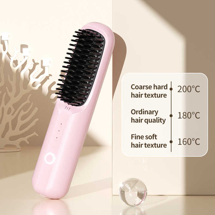 Pink Rechargeable Wireless Hair Straightening Brush - Sleek and Portable Styling Tool