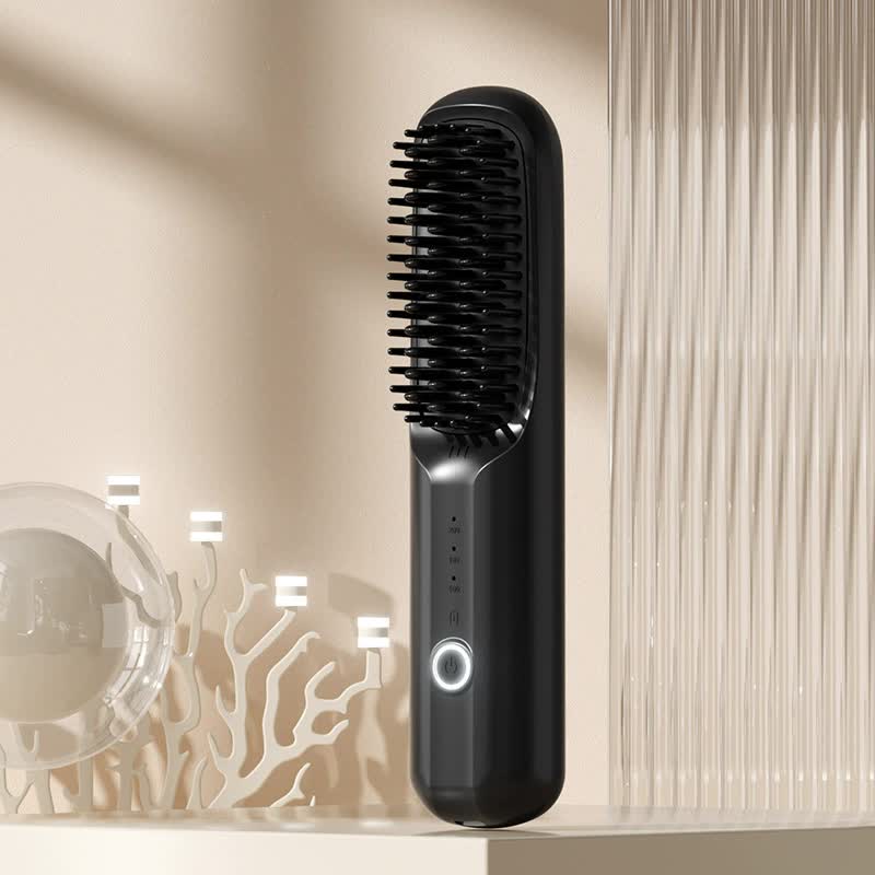 Black Rechargeable Wireless Hair Straightening Brush - Sleek and Portable Styling Tool