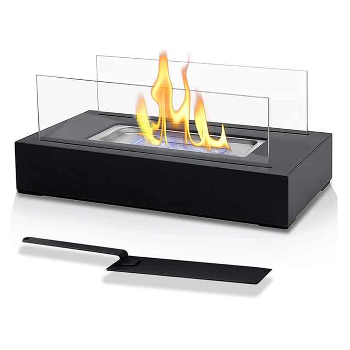 Not removable Portable  Tabletop Bioethanol Fireplace - Black Rectangular Design with Glass Shields