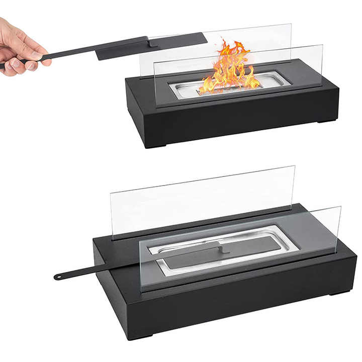 Not removable Portable  Tabletop Bioethanol Fireplace - Black Rectangular Design with Glass Shields