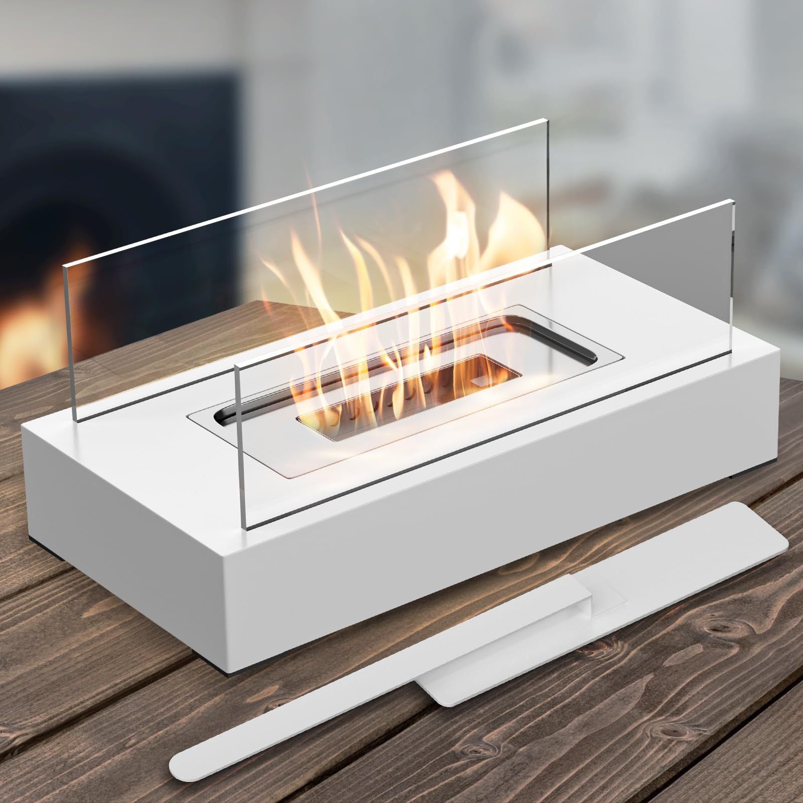 Not removable Portable  Tabletop Bioethanol Fireplace - White Rectangular Design with Glass Shields