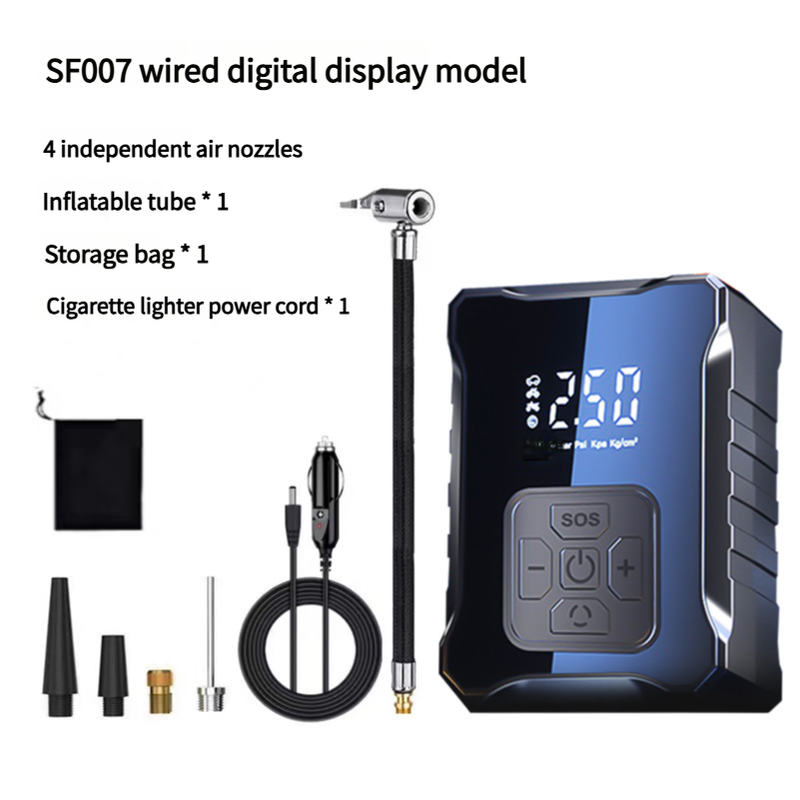 SF007 Digital Tire Inflator with LED Display and Multiple Nozzles - Compact and Powerful(Cigarette lighter power supply)