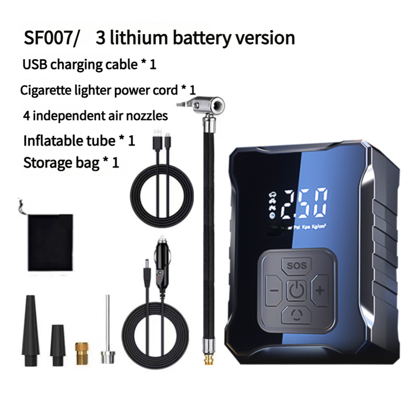 SF007 Digital Tire Inflator with LED Display and Multiple Nozzles - Compact and Powerful(Three-purpose lithium battery)