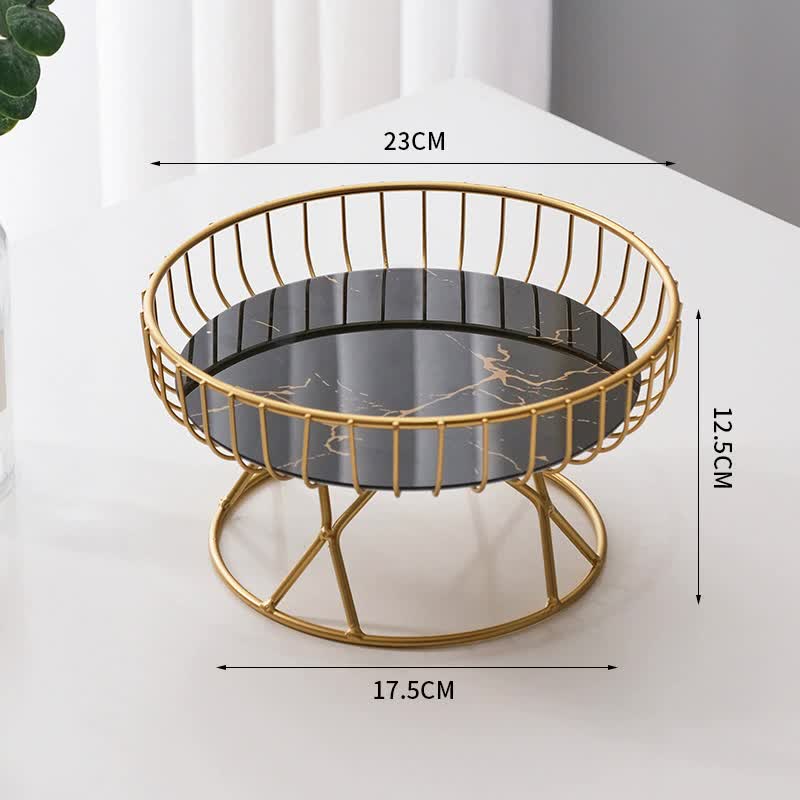 Elegant Iron Art Glass Serving Tray(Black Glass) - Round Design with Gold Finish