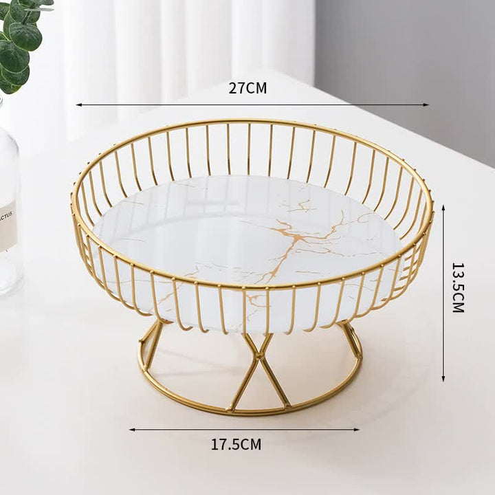 Elegant Iron Art Glass Serving Tray(White Glass) - Round Design with Gold Finish 27*13.5*17.5cm