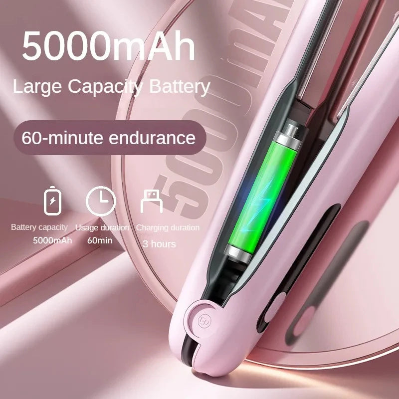 Black Wireless Rechargeable Hair Straightener with 5000mAh Battery - Portable Design & Adjustable Temperature