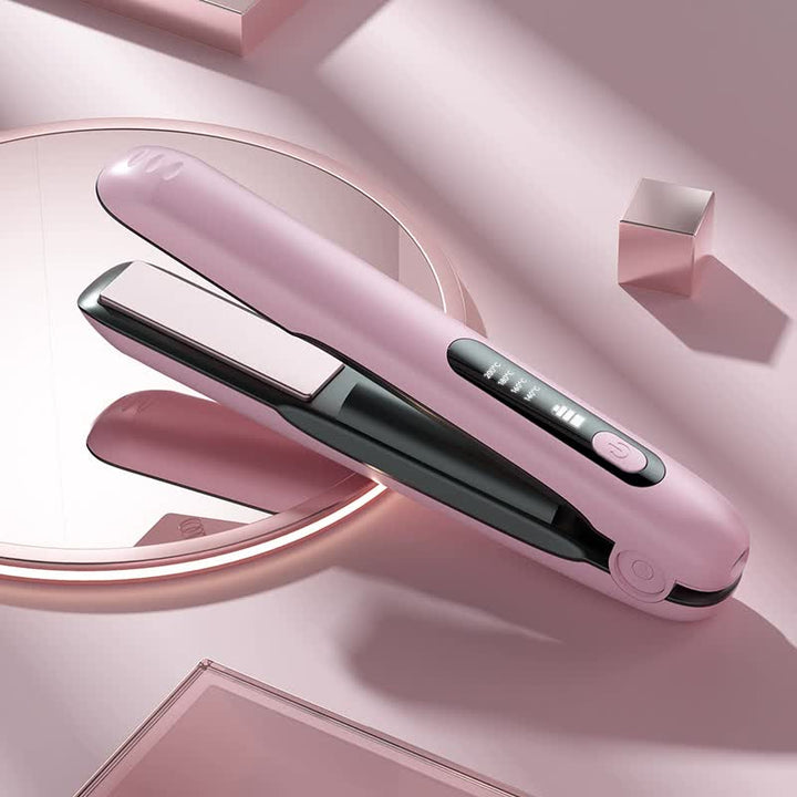 Pink Wireless Rechargeable Hair Straightener with 5000mAh Battery - Portable Design & Adjustable Temperature