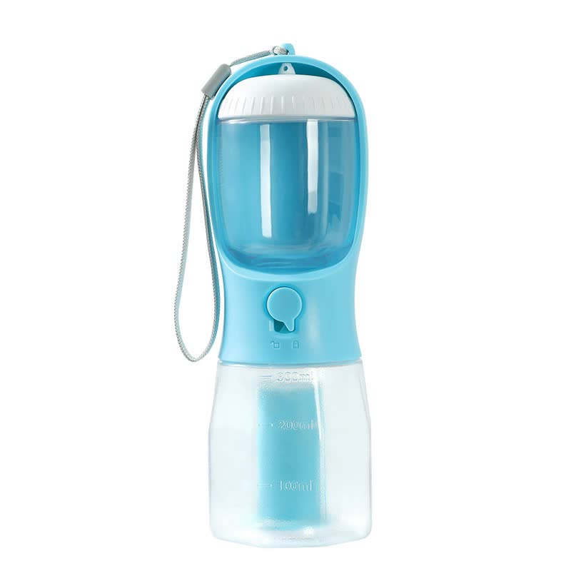 Sky Blue 3-in-1 Portable Pet Water Bottle with Food Storage and Waste Bag Dispenser - 300mL Capacity