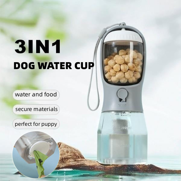 Sky Blue 3-in-1 Portable Pet Water Bottle with Food Storage and Waste Bag Dispenser - 300mL Capacity