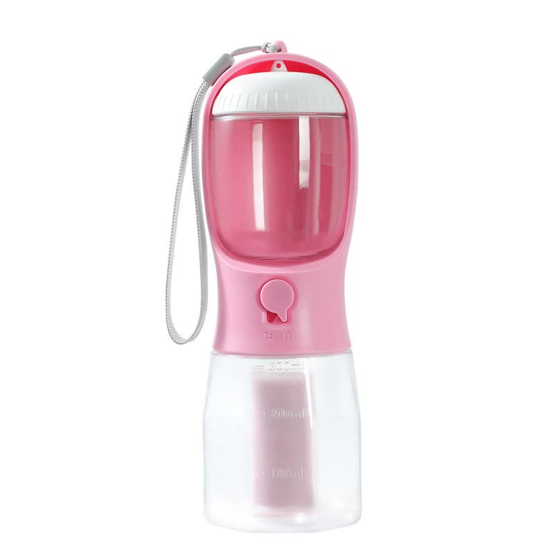 Pink 3-in-1 Portable Pet Water Bottle with Food Storage and Waste Bag Dispenser - 300mL Capacity