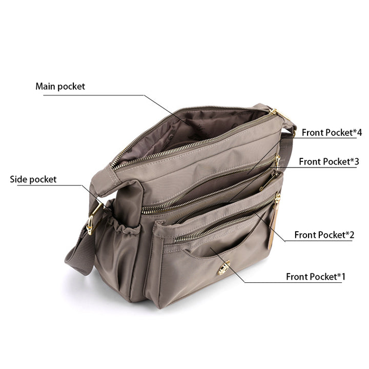 Coffee Nylon Crossbody Bag with Multiple Compartments - Compact and Stylish Design