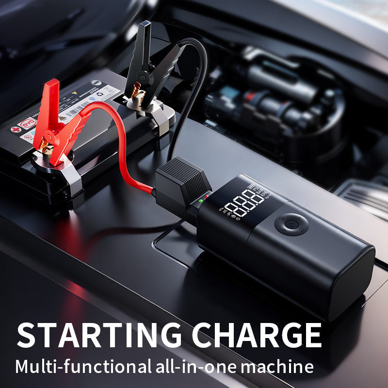 10000 mAh Portable Multifunctional Car Jump Starter & Tire Inflator - All-in-One 12V Device with Phone Charging, LED Lighting, and Pressure Gauge