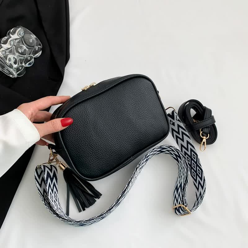 Black Trendy Crossbody Shoulder Bag with Tassel Accent - Compact and Stylish