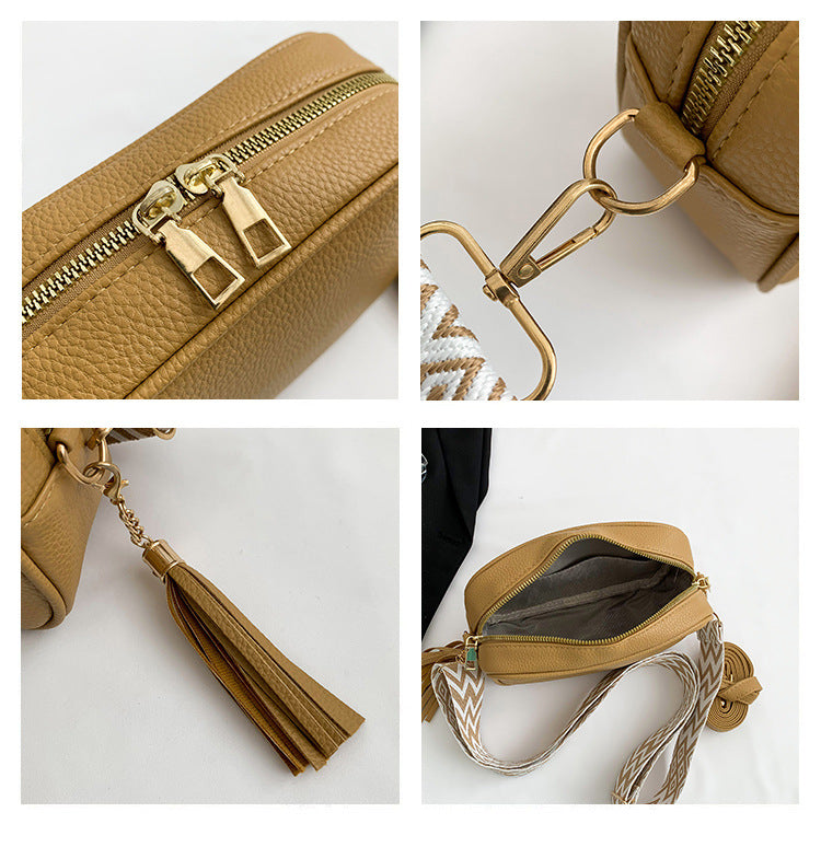 Khaki Trendy Crossbody Shoulder Bag with Tassel Accent - Compact and Stylish