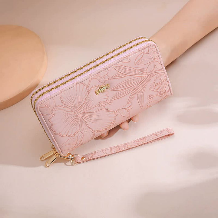 2 PCS Pink Elegant Floral Embossed Long Wallet with Double Zipper