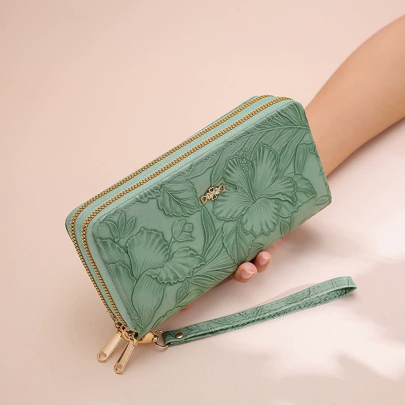 2 PCS Green Elegant Floral Embossed Long Wallet with Double Zipper