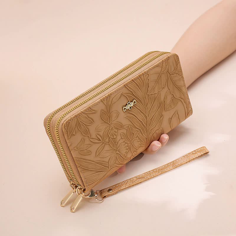 2 PCS Khaki Elegant Floral Embossed Long Wallet with Double Zipper