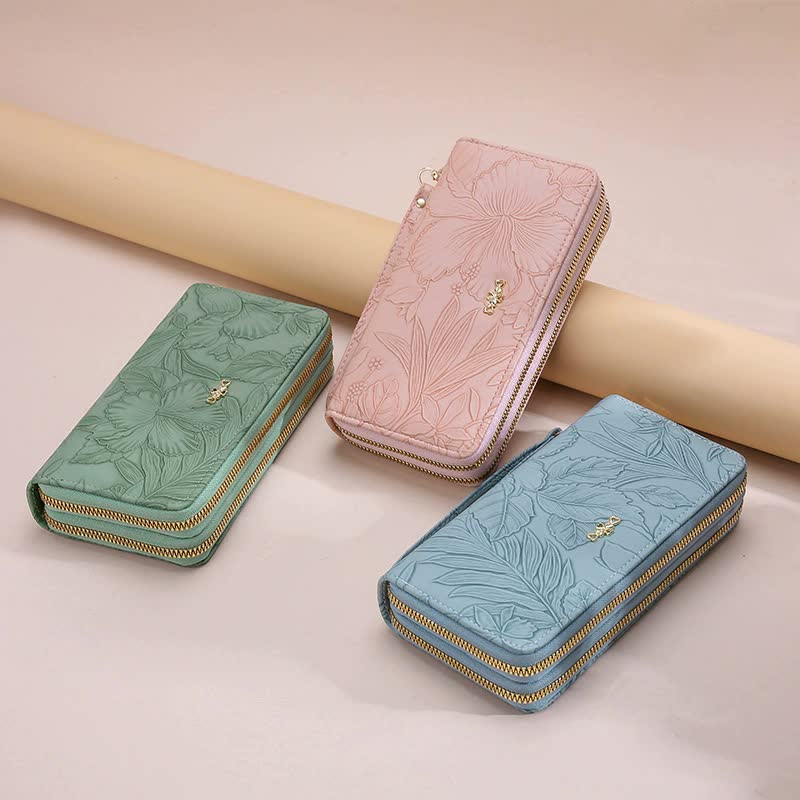 2 PCS Apricot Elegant Floral Embossed Long Wallet with Double Zipper