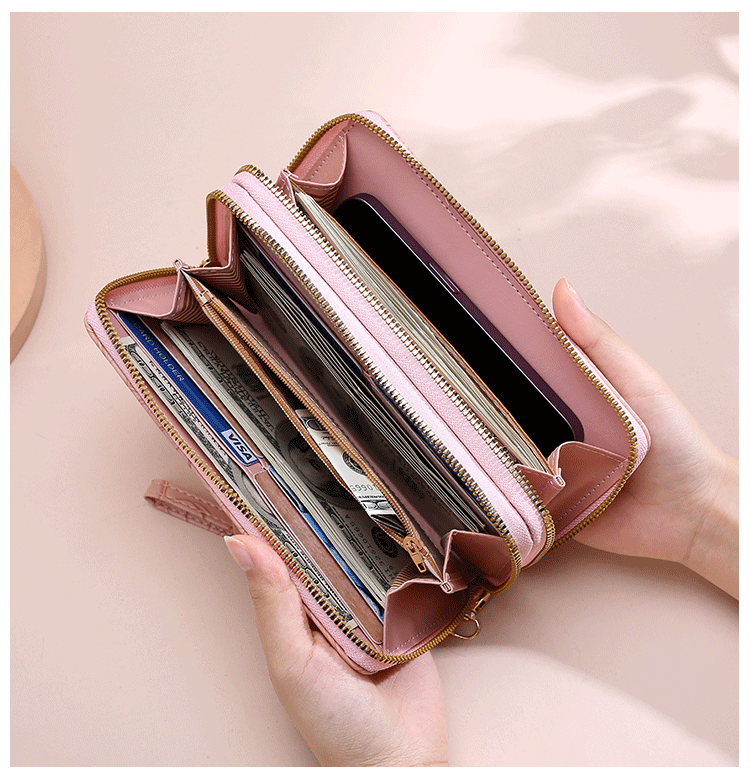 2 PCS Apricot Elegant Floral Embossed Long Wallet with Double Zipper