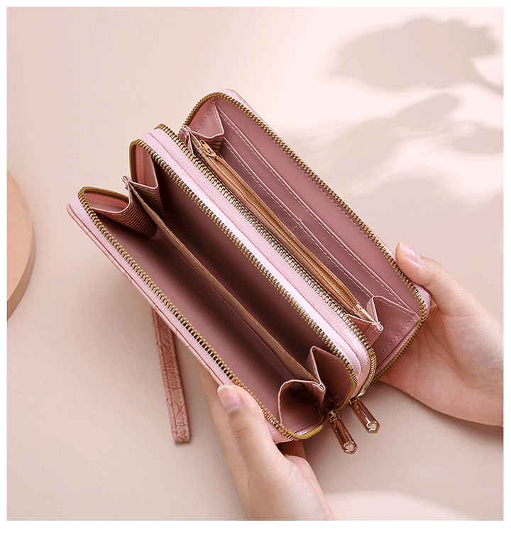 2 PCS Apricot Elegant Floral Embossed Long Wallet with Double Zipper