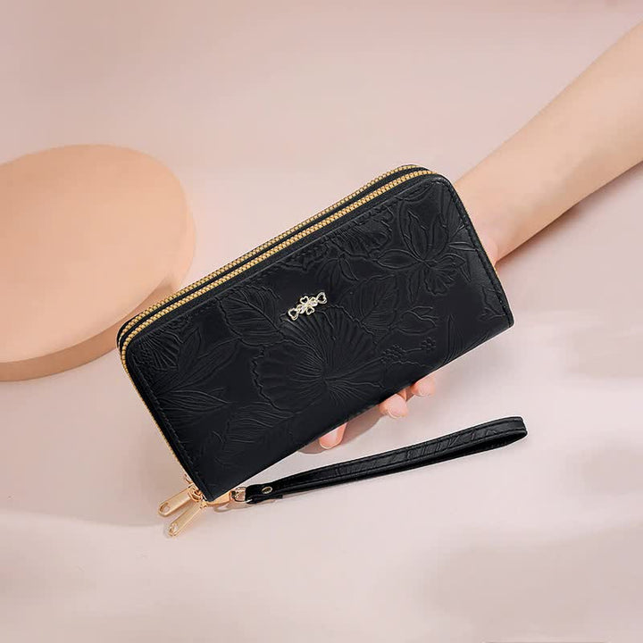 2 PCS Black Elegant Floral Embossed Long Wallet with Double Zipper