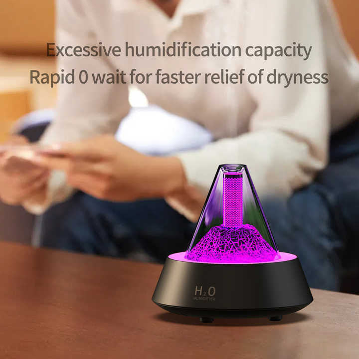 Black Pyramid Flame Mist Humidifier with Ambient Lighting - Ultrasonic Aromatherapy Diffuser