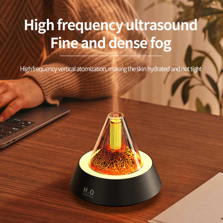 Black Pyramid Flame Mist Humidifier with Ambient Lighting - Ultrasonic Aromatherapy Diffuser