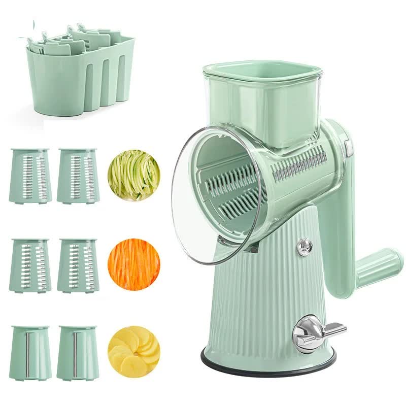 Green 10-in-1 Manual Vegetable Slicer with Interchangeable Blades - Multifunctional Rotary Grater and Shredder for Kitchen Use