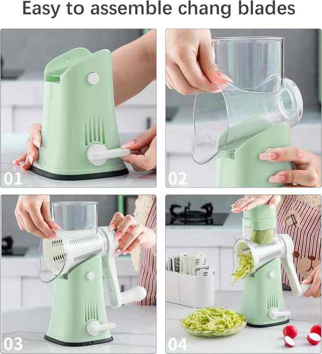 Green 10-in-1 Manual Vegetable Slicer with Interchangeable Blades - Multifunctional Rotary Grater and Shredder for Kitchen Use