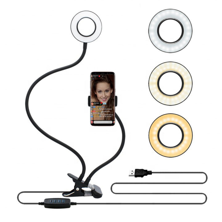 Flexible LED Ring Light with Phone Holder - Adjustable Brightness & Clip Base