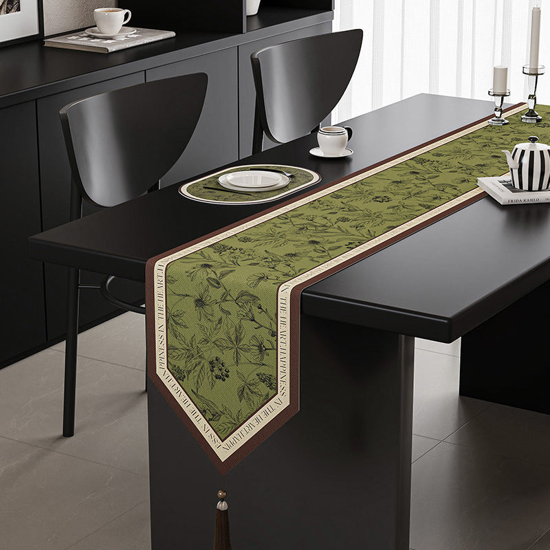 Green Elegant Green Botanical Table Runner with Tassels - 30x180cm