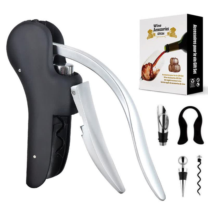 Five-piece Set Ergonomic Lever-Action Corkscrew Wine Opener with Foil Cutter