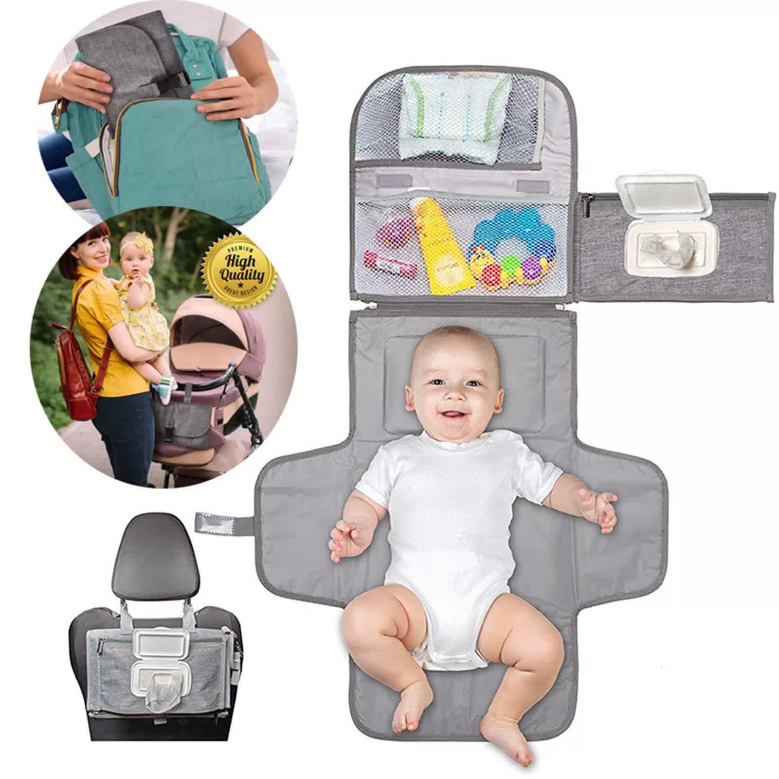 Grey Portable Baby Diaper Changing Pad with Storage Pockets - Travel Essentials for Parents