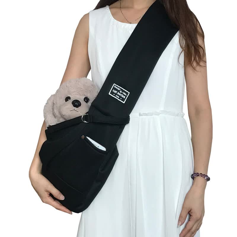 Black Adjustable Pet Sling Carrier Bag - Comfortable and Hands-Free Design