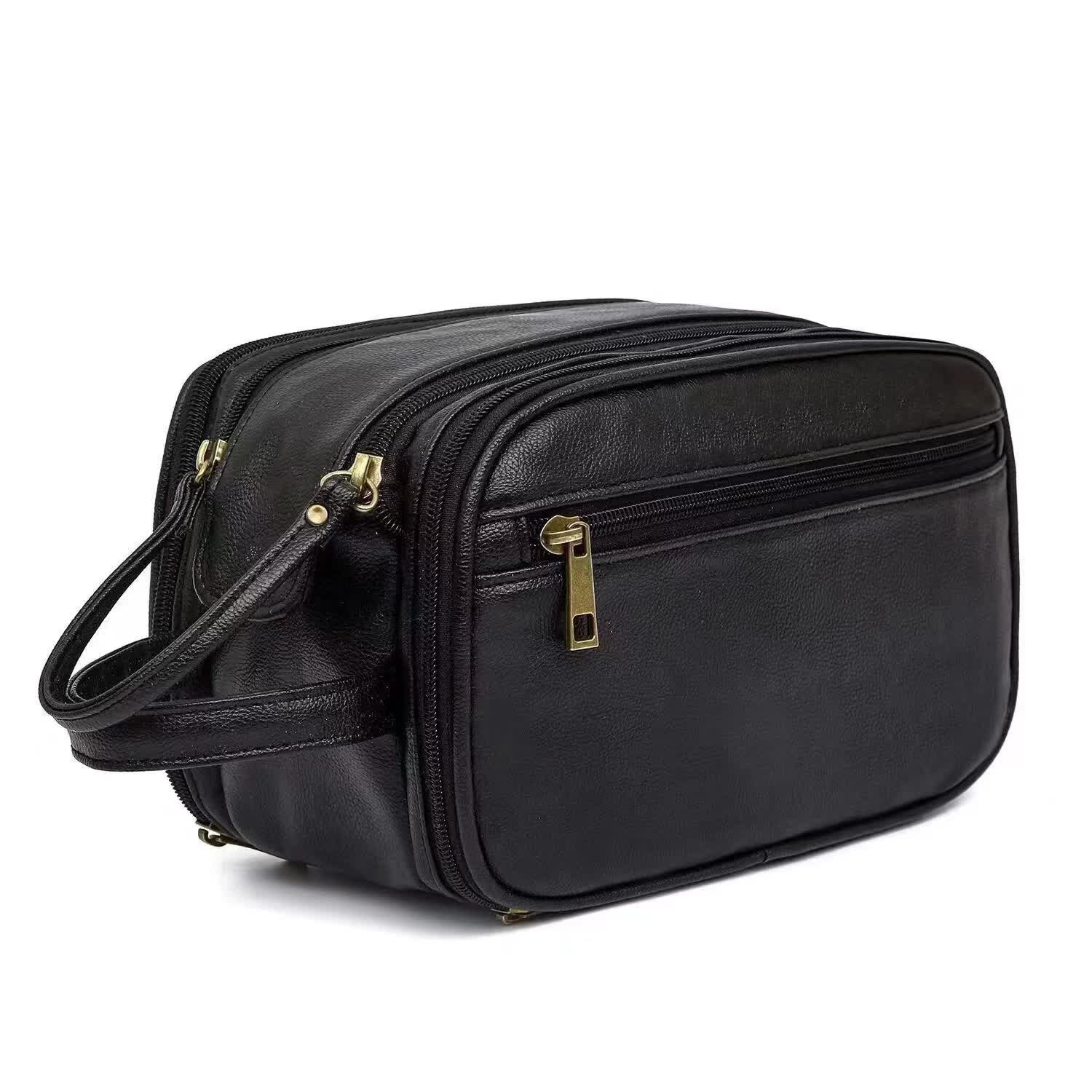 Black Vintage Leather Makeup Bag with Multi-Compartment Organizer - Travel Cosmetic Case