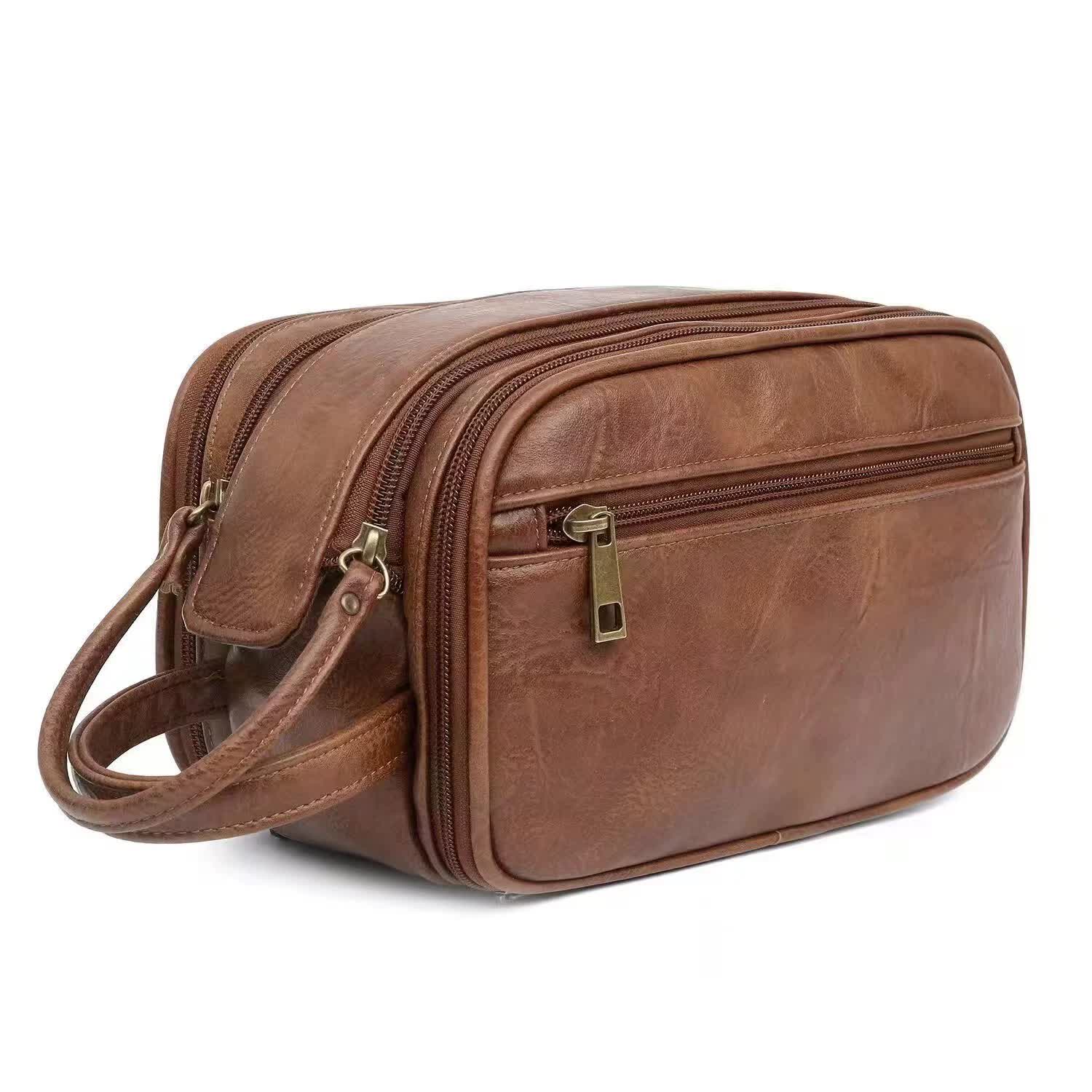 Brown Vintage Leather Makeup Bag with Multi-Compartment Organizer - Travel Cosmetic Case