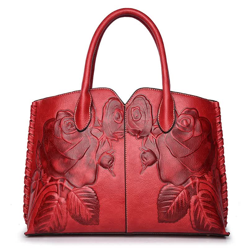 Red  Elegant Embossed Rose Leather Handbag - Vintage Style Tote Bag