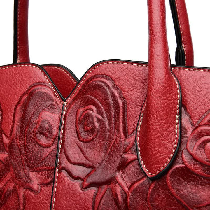 Red  Elegant Embossed Rose Leather Handbag - Vintage Style Tote Bag