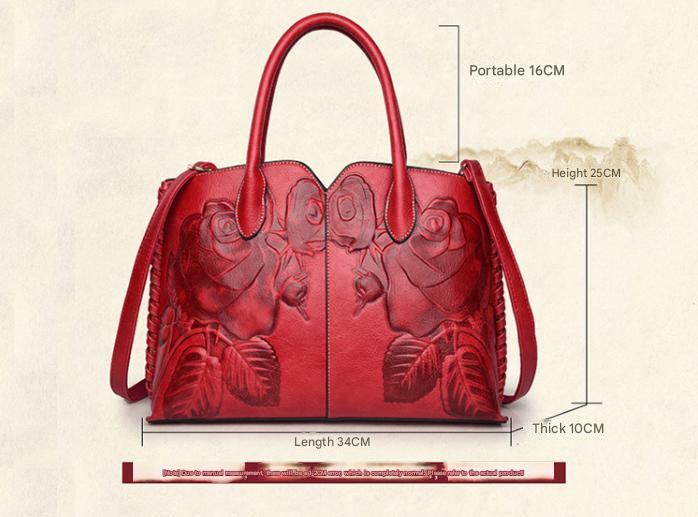 Red  Elegant Embossed Rose Leather Handbag - Vintage Style Tote Bag