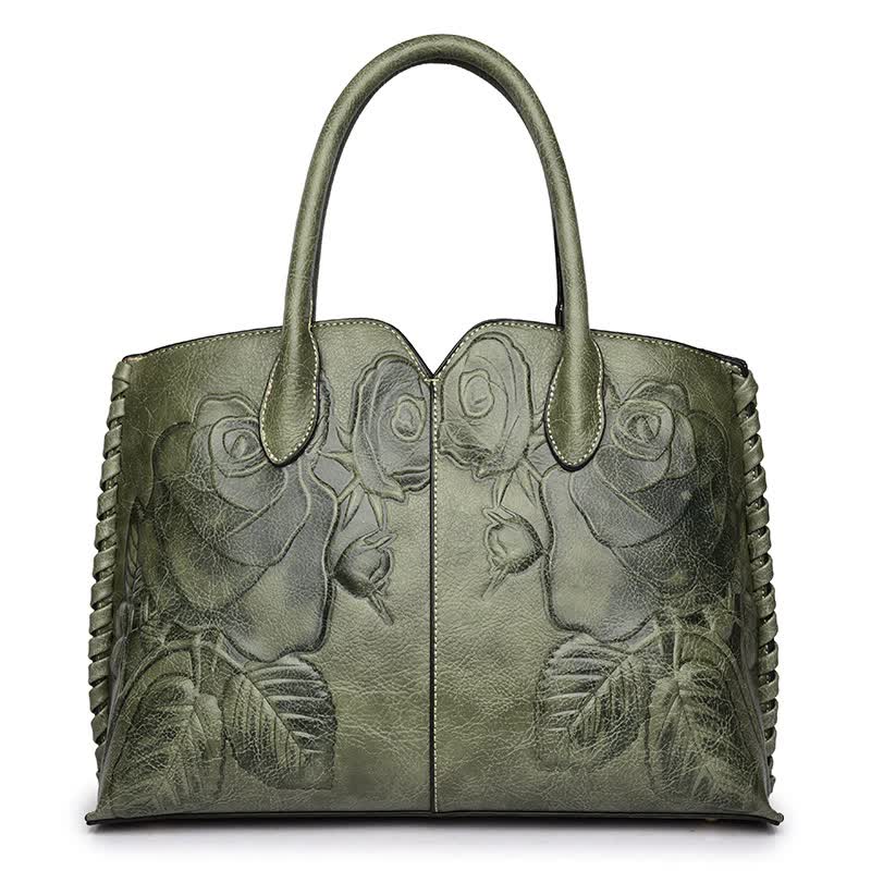 Green Elegant Embossed Rose Leather Handbag - Vintage Style Tote Bag