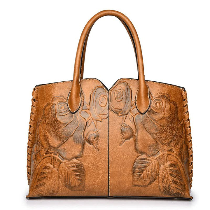 Brown Elegant Embossed Rose Leather Handbag - Vintage Style Tote Bag